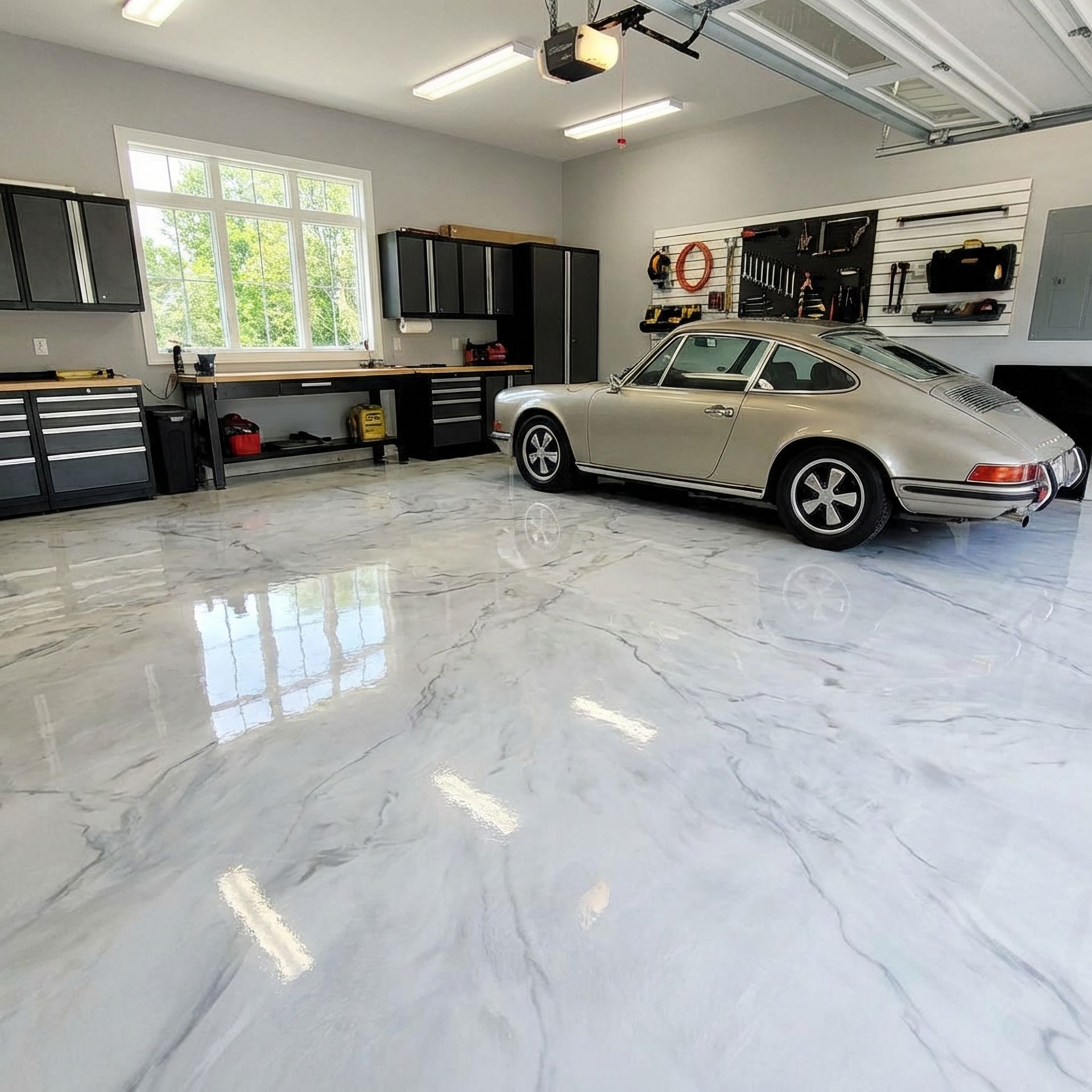 Classic silver convertible in a bright garage with polished marble floor and black storage cabinets