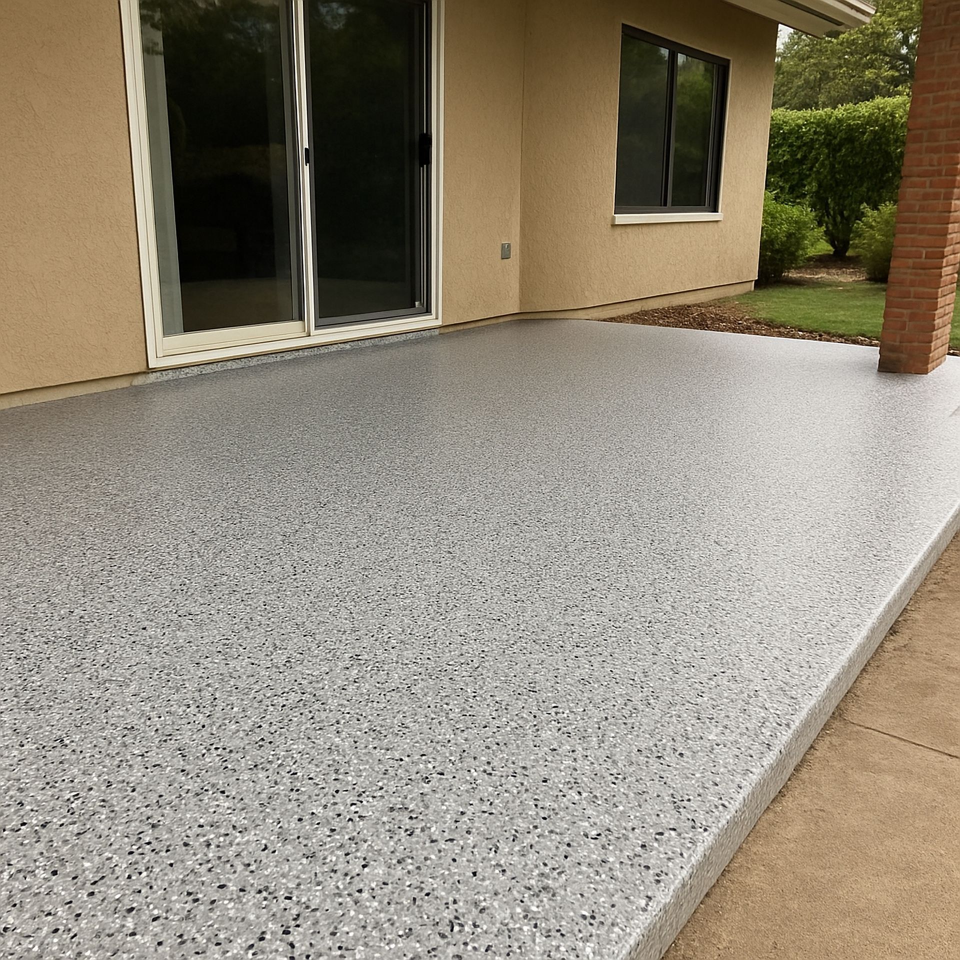 Speckled gray patio beside a house with sliding glass doors and a covered overhang
