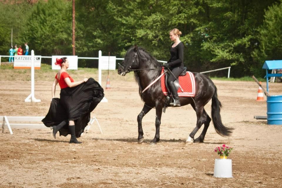 eine junge frau reitet auf einem schwarzen pferd, neben einer Flamencotänzerin