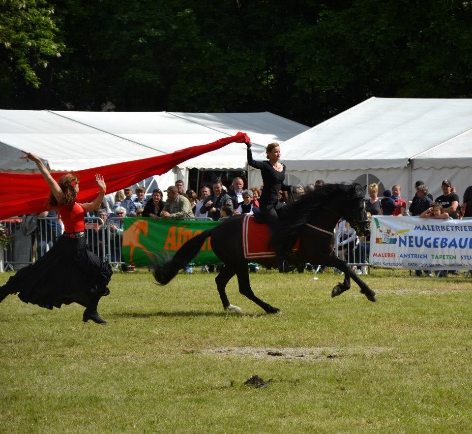 eine Frau reitet auf einem schwarzen Pferd in einem Feld mit einem Banner im Hintergrund