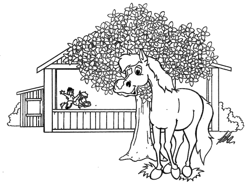 Illustration Pferd vor einem Baum und Reitstall