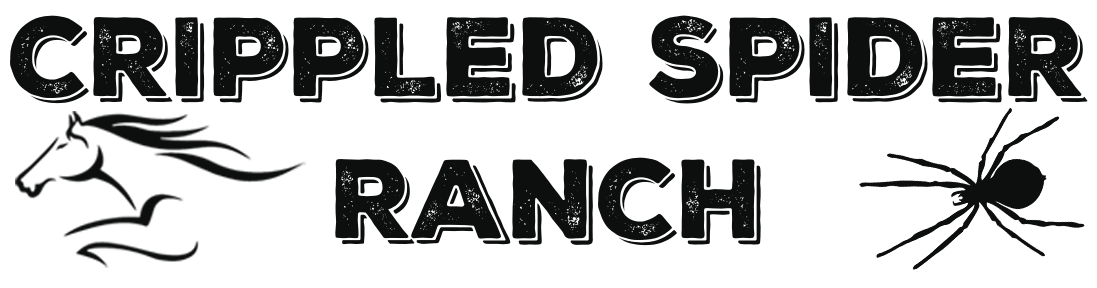A logo for crippled spider ranch with a horse and spider.