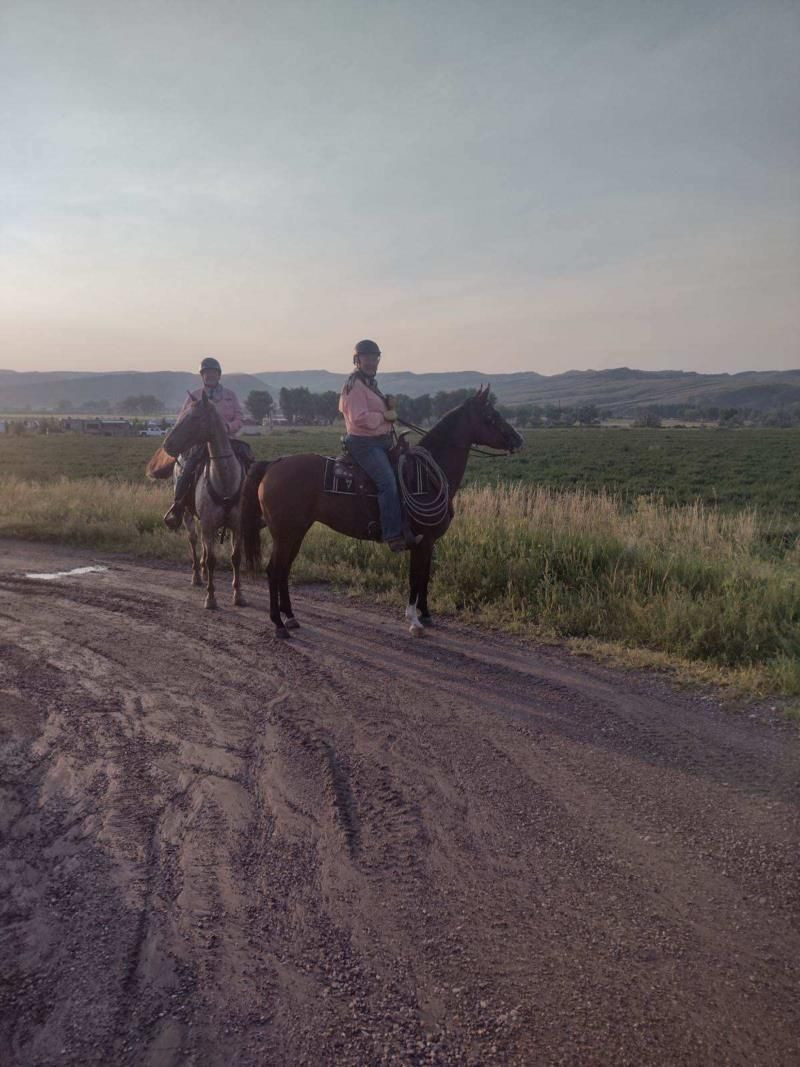 Two people are riding horses down a dirt road.