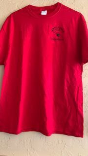 A bright blue t-shirt hanging on a wall with the white text,