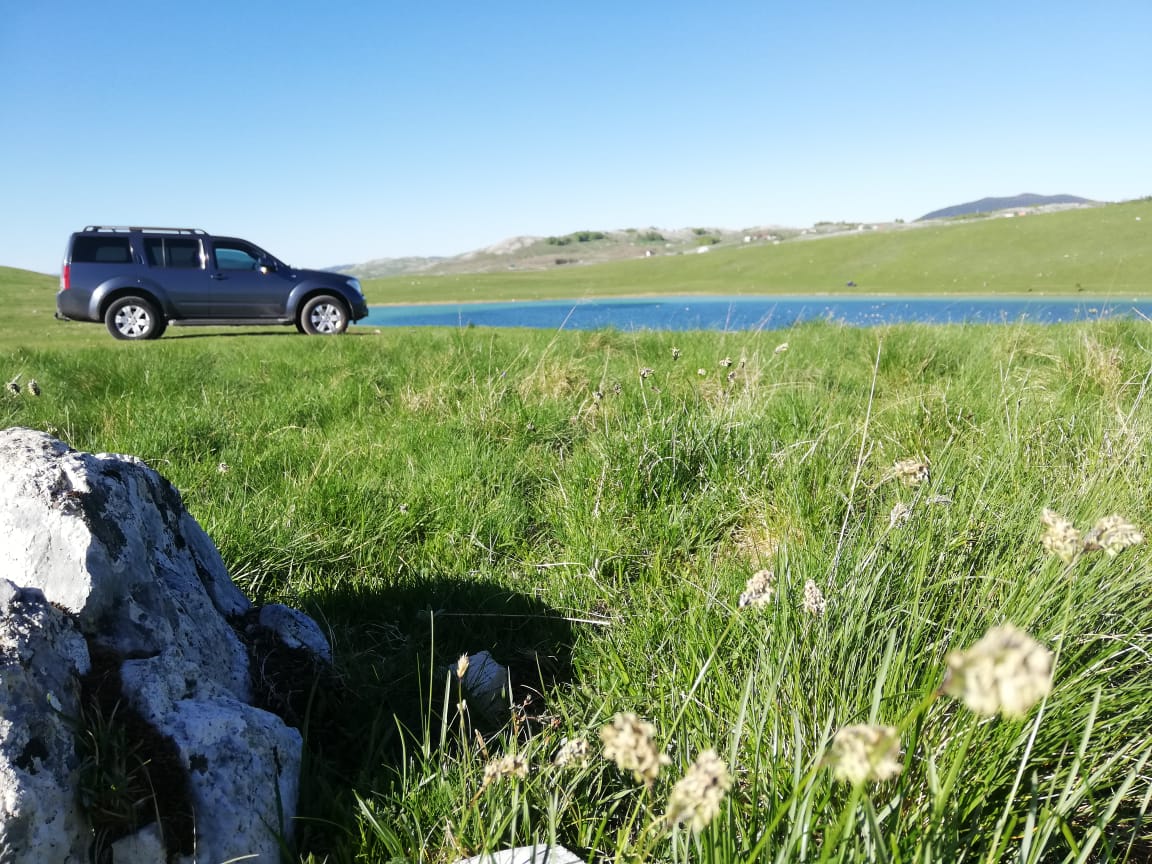 SUV parked on grassy field by a blue lake, mountains in the background.