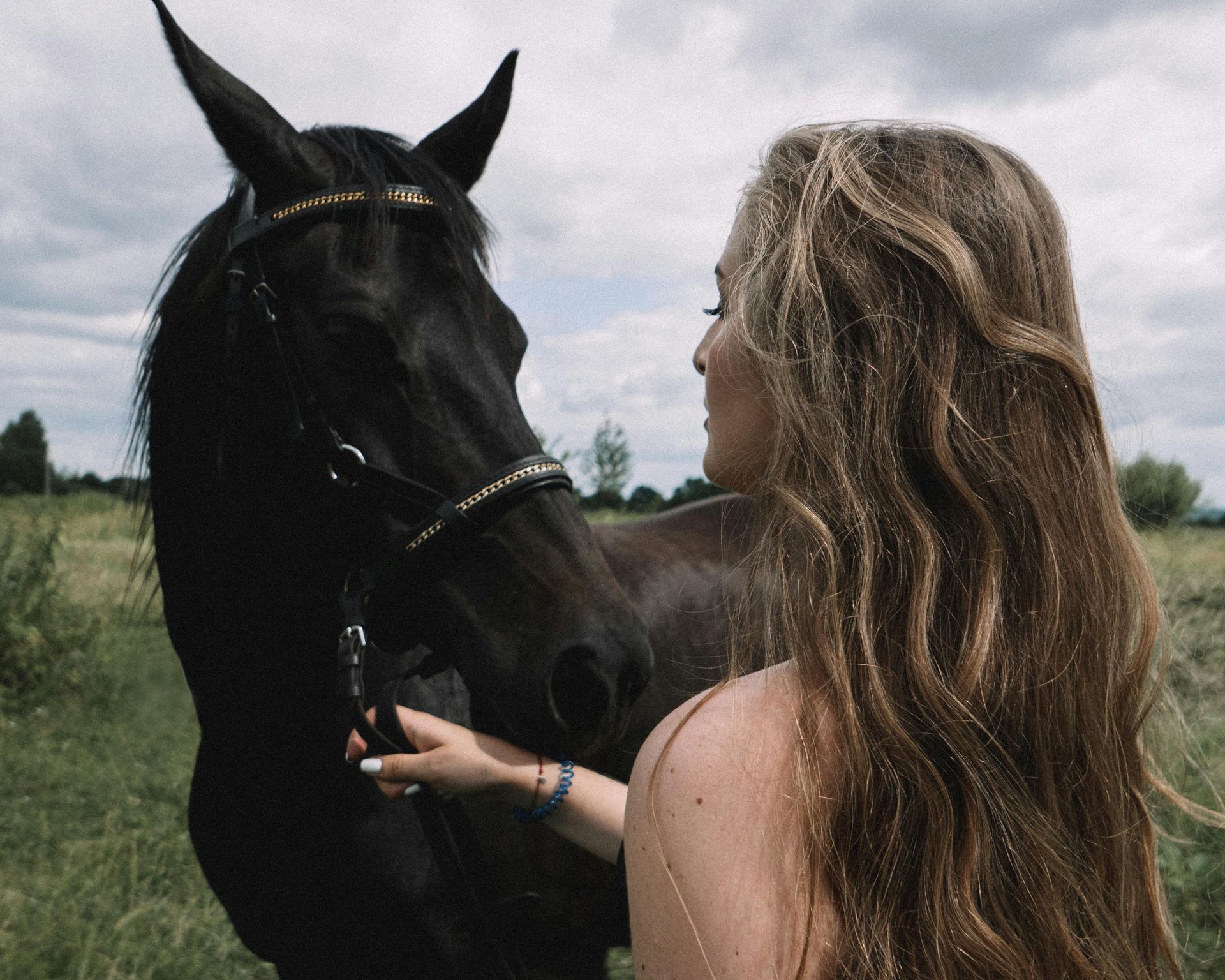 Woman with long wavy hair gently touches the face of a black horse in a grassy field.