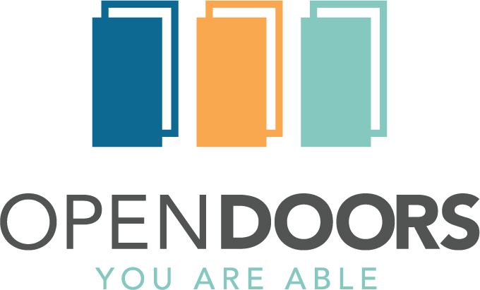 The logo for opendoors you are able is blue , orange , and green.