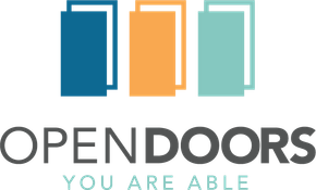 The logo for opendoors you are able is blue , orange , and green.