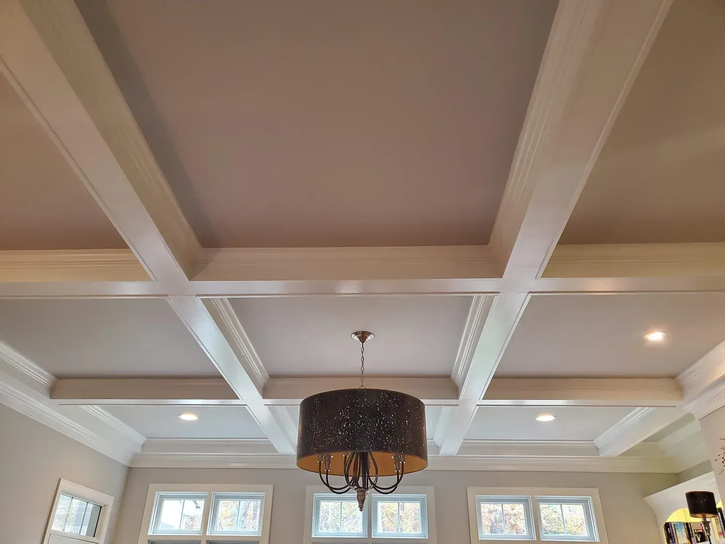 Family Room Coffered Ceiling Accent SW Duration Home Flat SW Modern Gray SW 7632