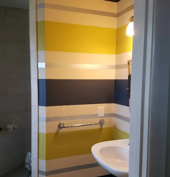 Striped Bathroom Walls
Navy Blue, Lime Green and Metallic Silver Stripes
Boys Bathroom Stripes