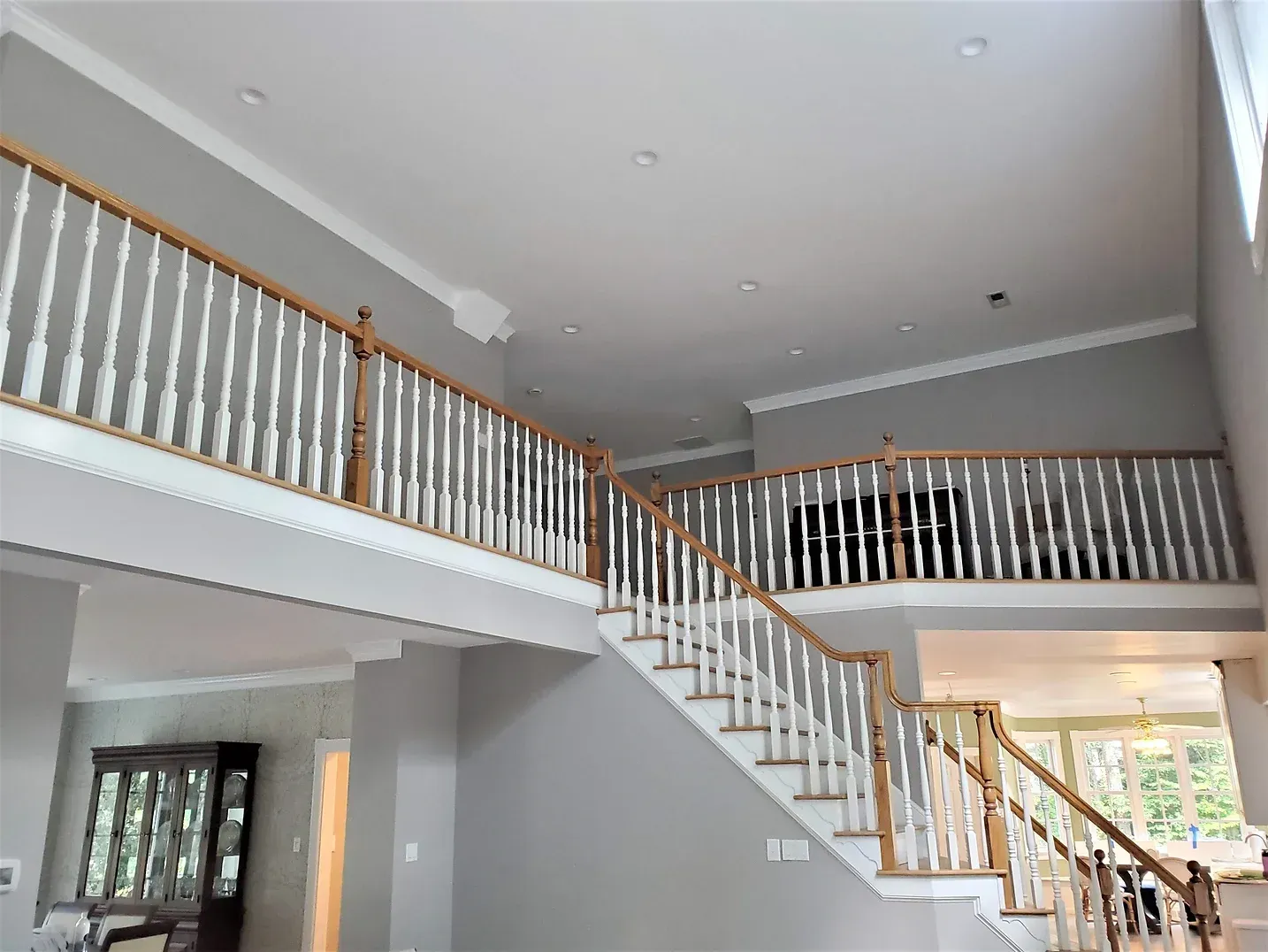 Landing and Living Room Walls BM Regal Select Matte Purebeck Stone F and B 27
Trim BM Aura Semi-gloss Chantilly Lace OC-65