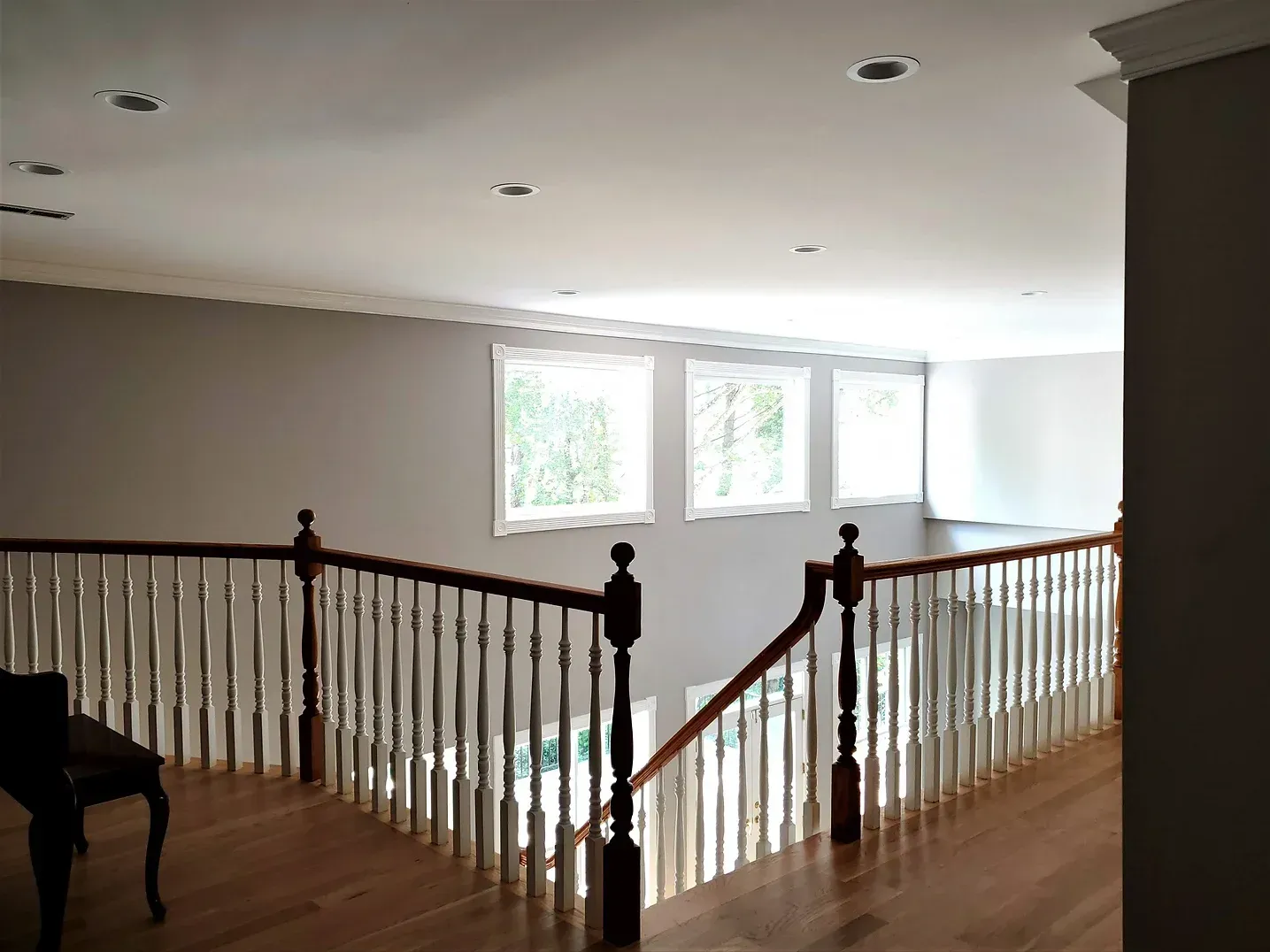 Landing, Living Room Walls BM Regal Select Matte Purebeck Stone F&B No. 27 
Trim BM Aura Semi-gloss Chantilly Lace OC-65