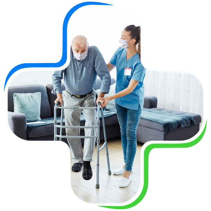 Doctor or nurse caregiver with senior man using walker assistance at home or nursing home