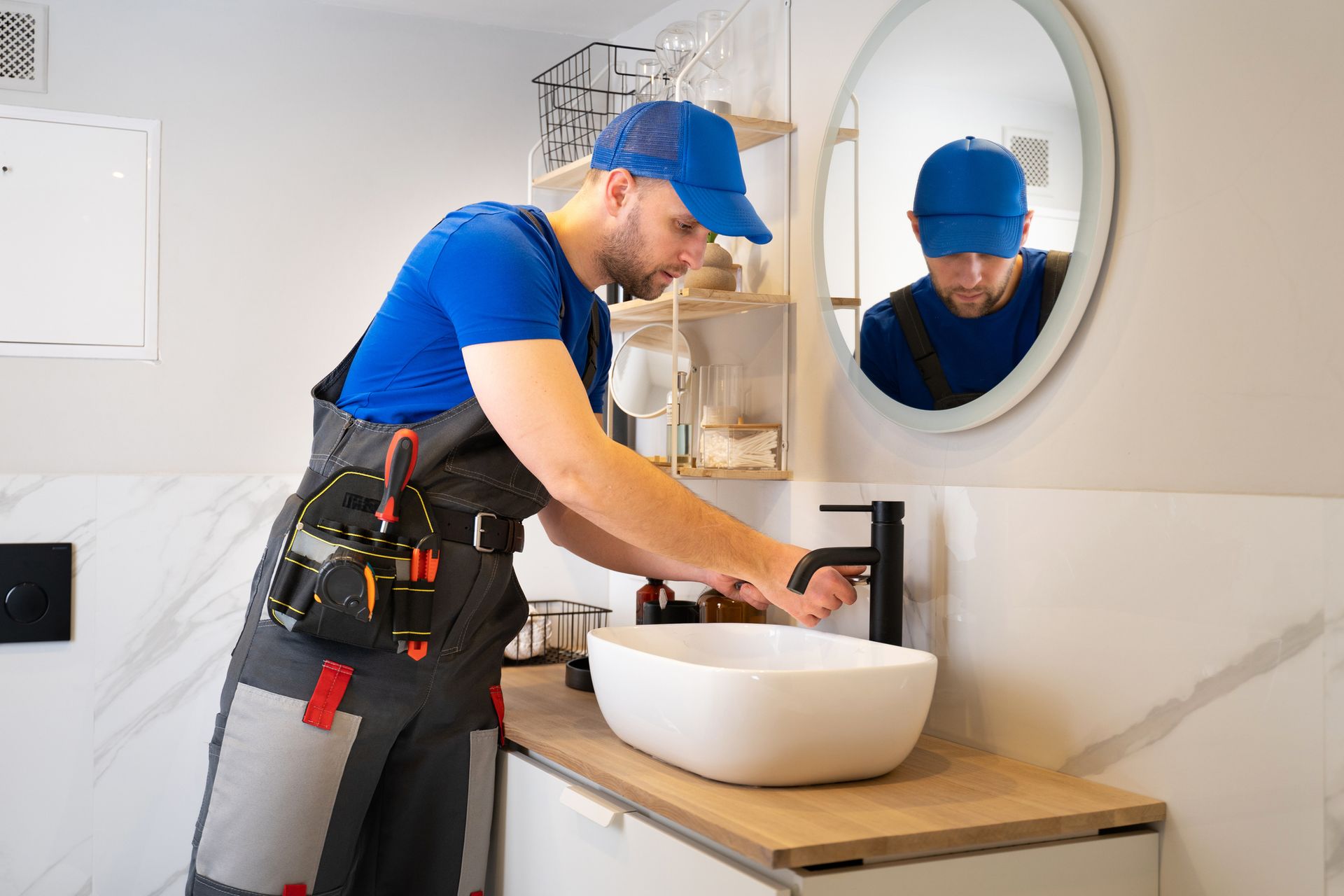 Plumber in a blue cap and overalls, working on a bathroom sink with a black faucet.