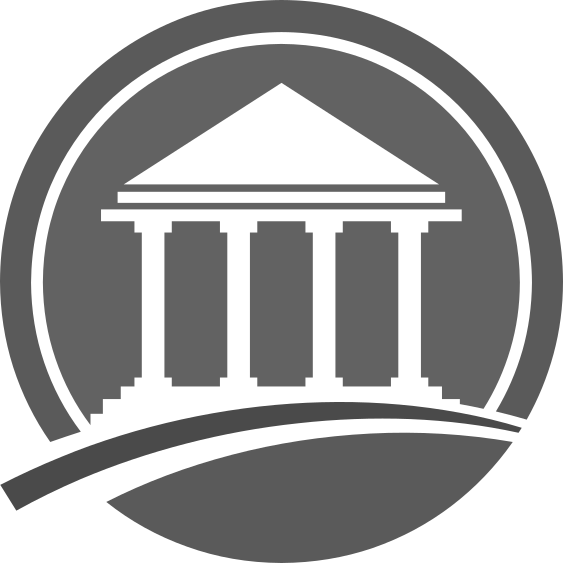 Gray circle logo with a building with pillars on a curved road.