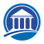 Blue bank building icon with arching path.