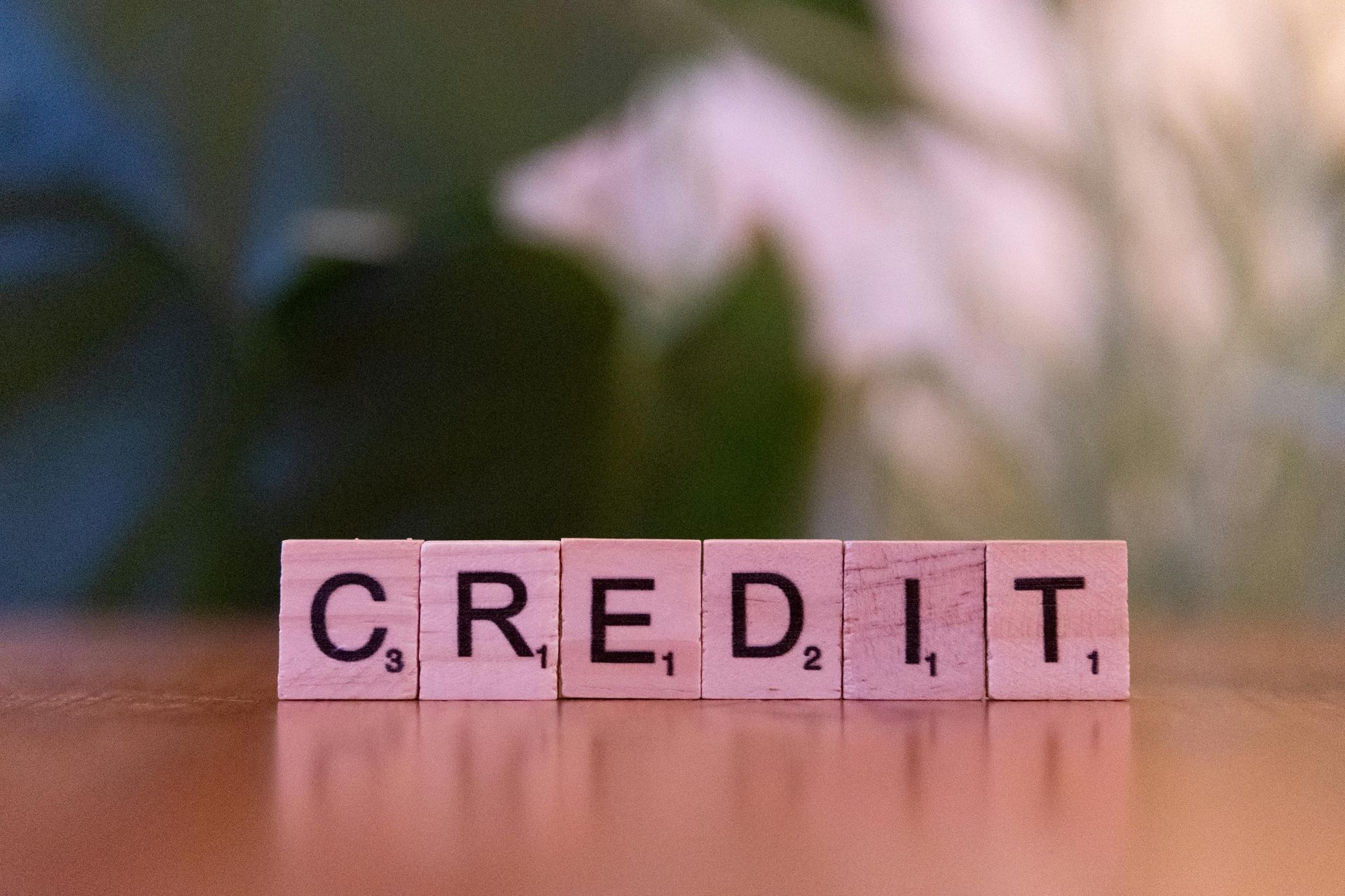 Wooden tiles spelling "CREDIT" on a table, with a blurry green background.