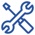 a blue and white logo of installation