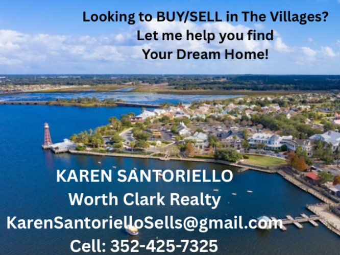 Real estate ad with waterfront aerial view and contact info for Karen Santoriello in The Villages