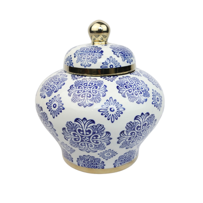 blauw witte gemberpot met gouden accenten