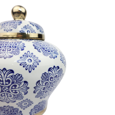 blauw witte gemberpot met gouden accenten