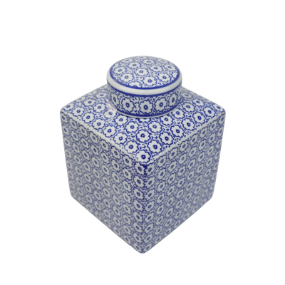 blauw witte vierkante gember pot met deksel
