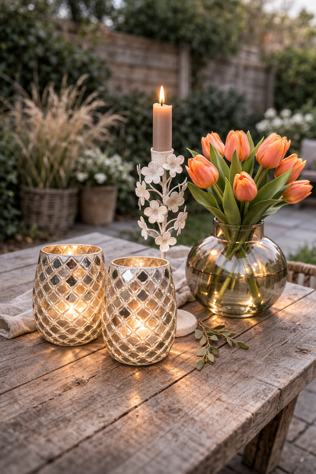 Een houten tafel buiten met twee sfeervolle lantaarns, een kaarsenhouder in de vorm van een bloem en een vaas met tulpen.