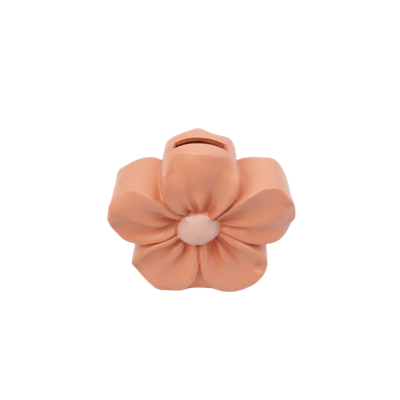 Een perzikkleurige, bloemvormige kastknop met vijf blaadjes en een klein, lichtroze cirkelvormig middenstuk.
