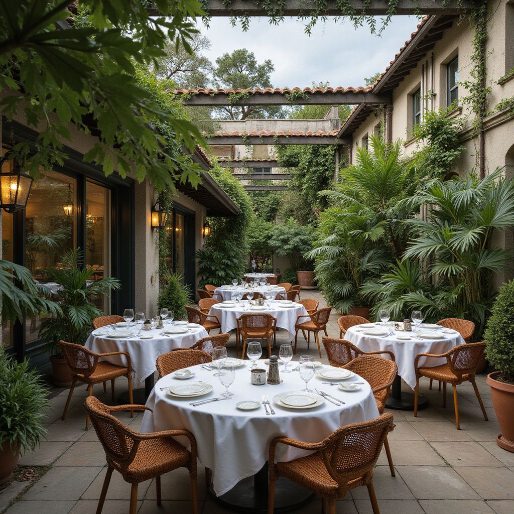Pátio externo do restaurante com mesas redondas, toalhas de mesa brancas, cadeiras de vime e vegetação exuberante.