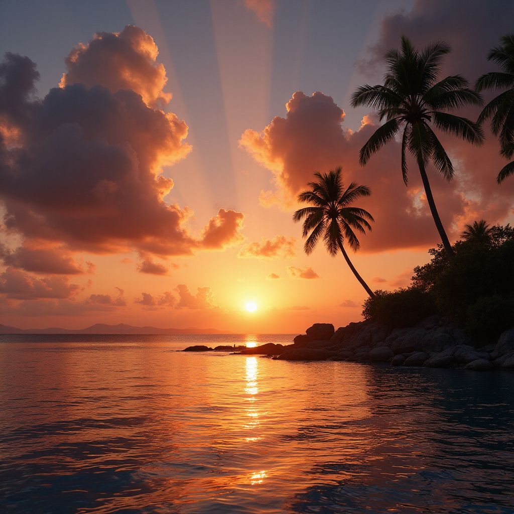 Pôr do sol sobre o oceano calmo, palmeiras na costa rochosa. Tons de laranja e dourado no céu e na água.