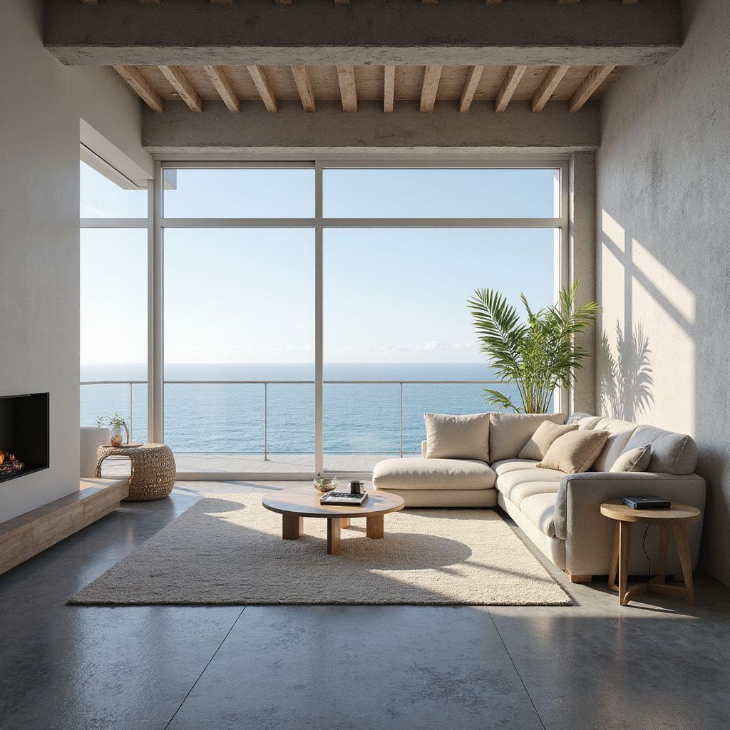 Sala de estar com vista para o oceano, com sofá modular, mesa de centro, lareira e grandes janelas.