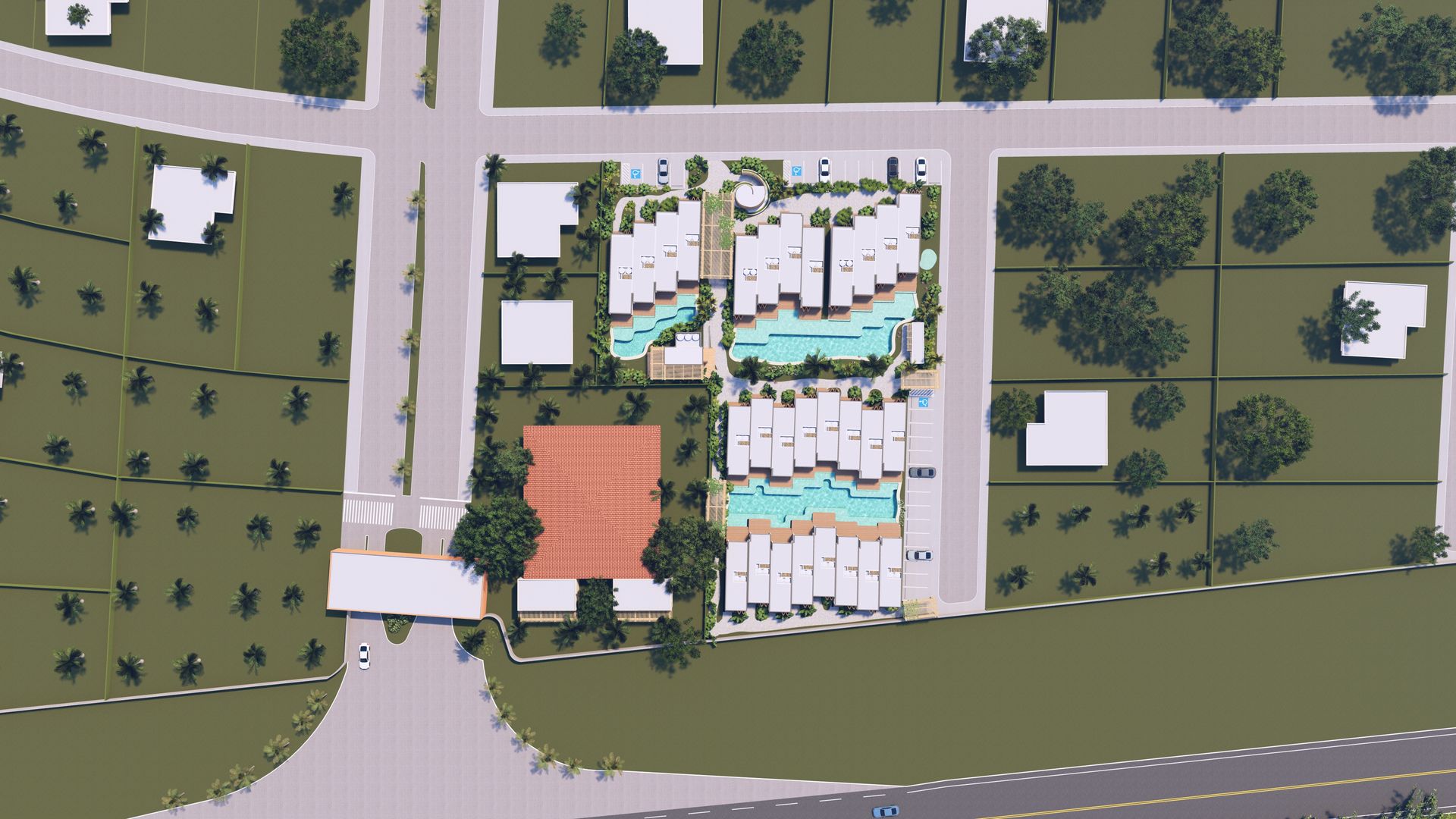 Vista aérea de um condomínio planejado com prédios, piscinas, árvores e ruas.