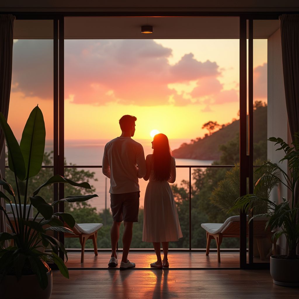 Casal assistindo ao pôr do sol sobre o oceano da varanda, em silhueta. Céu alaranjado.