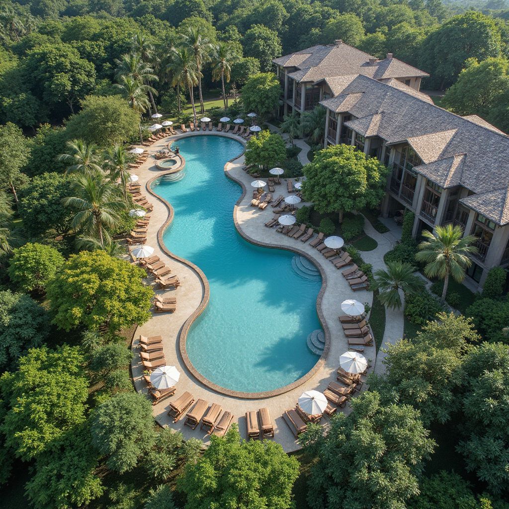 Vista aérea de um resort com piscina, rodeado por árvores e um edifício de vários andares.