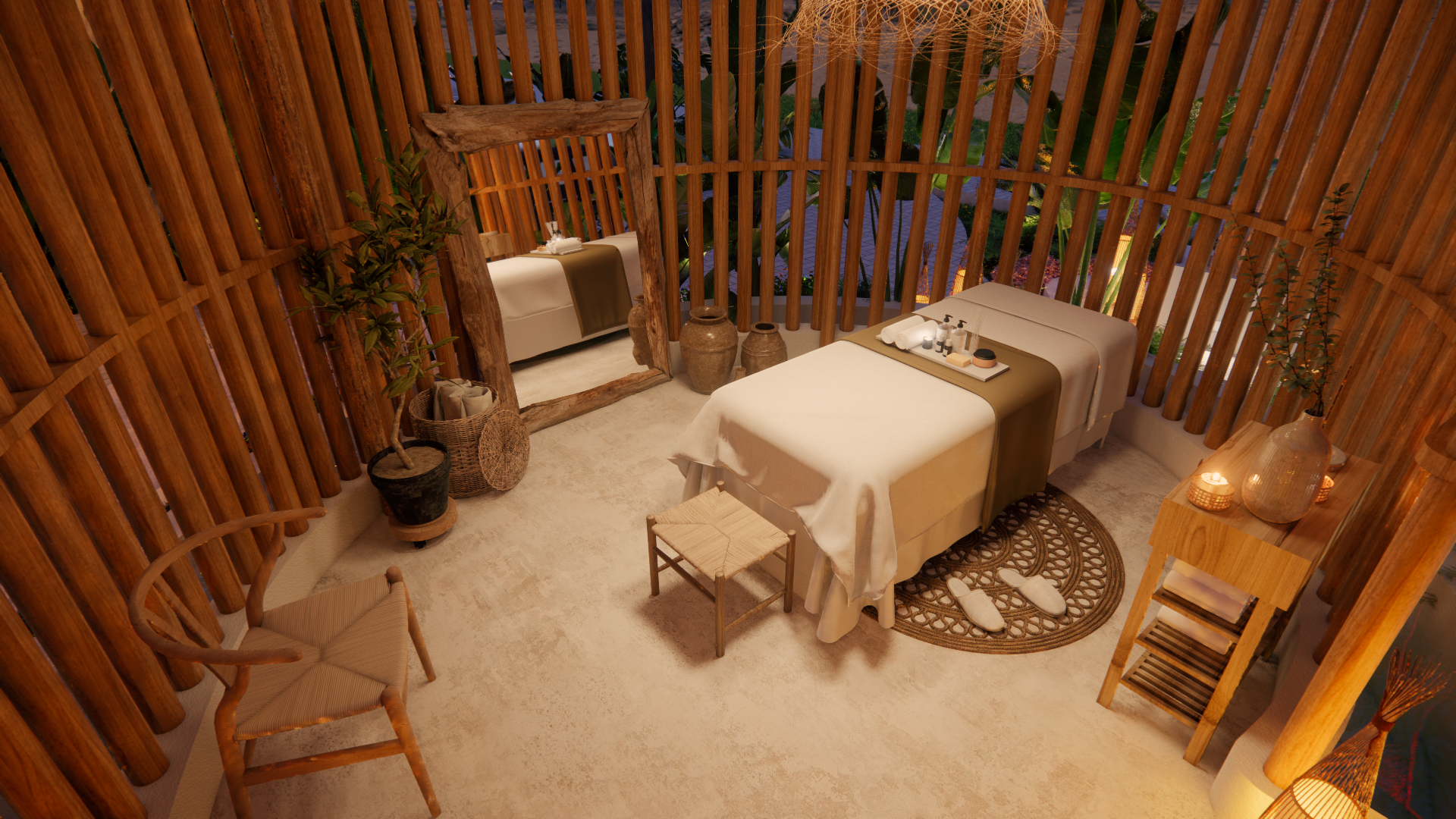 Interior de um spa com mesa de massagem, cadeira e detalhes decorativos em uma sala com paredes de bambu.