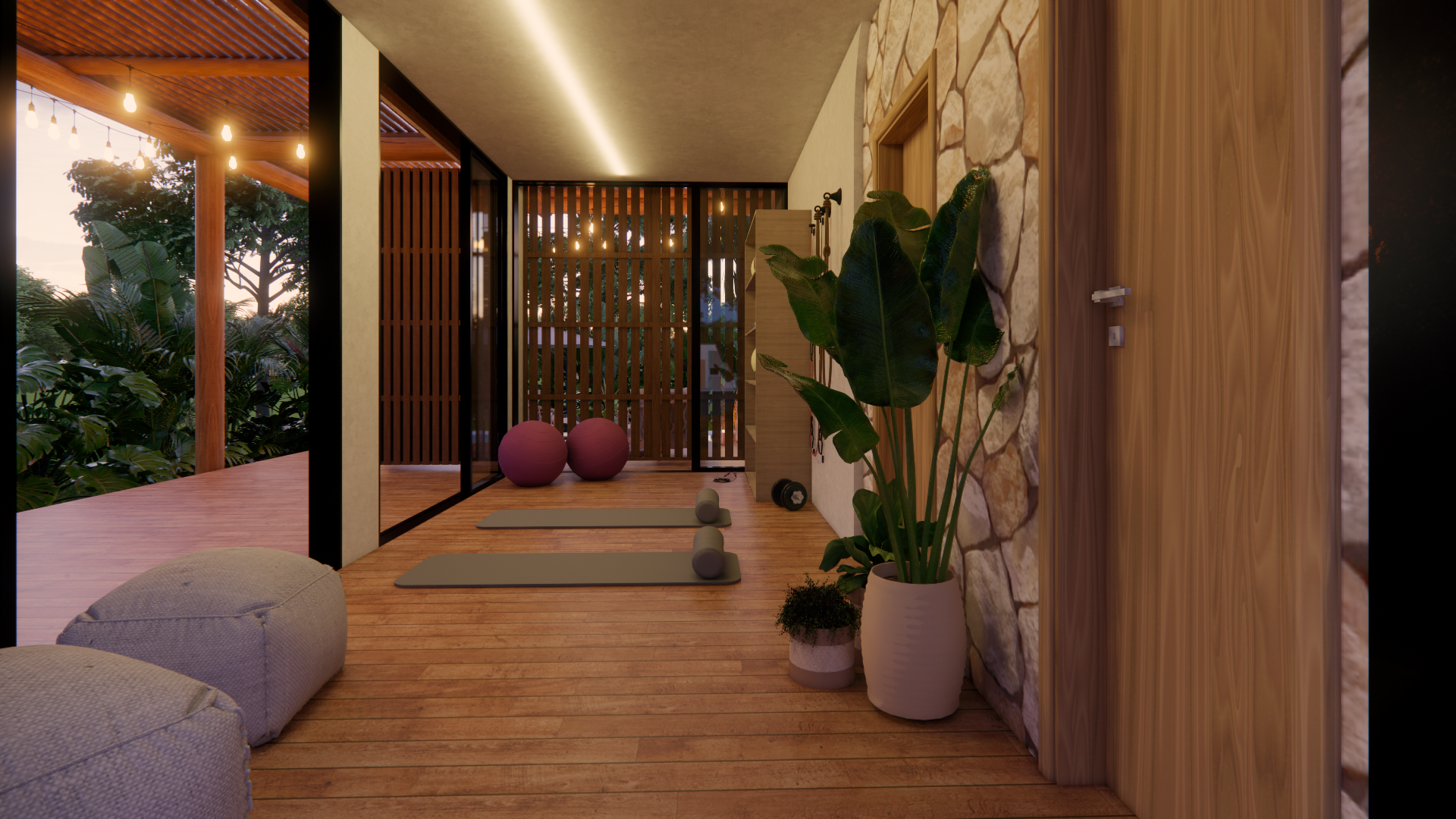 Estúdio de ioga com piso de madeira e parede de pedra, com acesso a uma varanda.