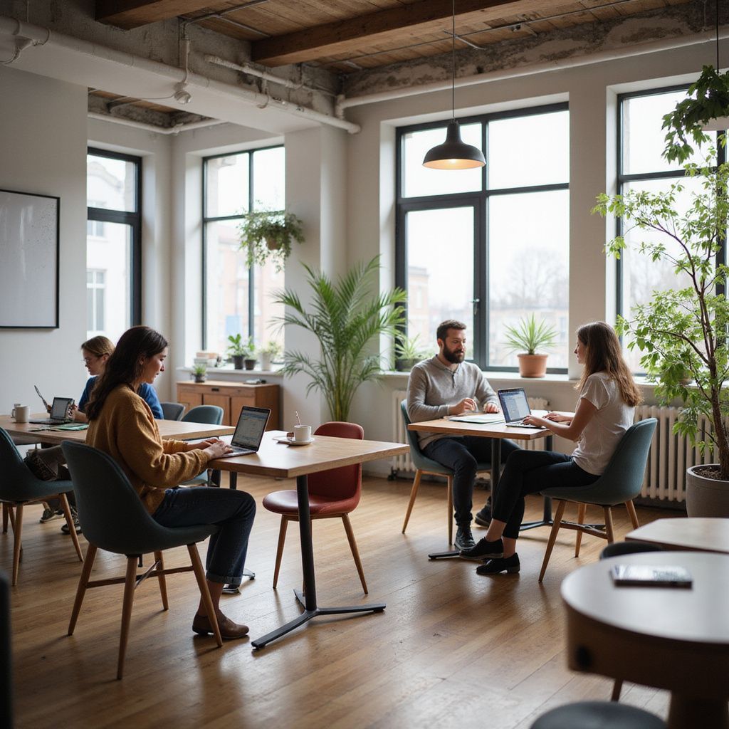 Pessoas trabalhando em laptops em mesas em um escritório moderno e iluminado, com plantas e grandes janelas.