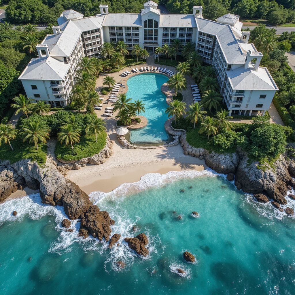 Vista aérea de um resort branco com piscina, praia e água turquesa. Palmeiras pontilham a paisagem.