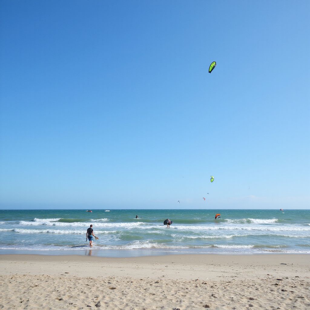 Cena de praia com kitesurfistas. Pessoa entrando na água. Céu azul e oceano.