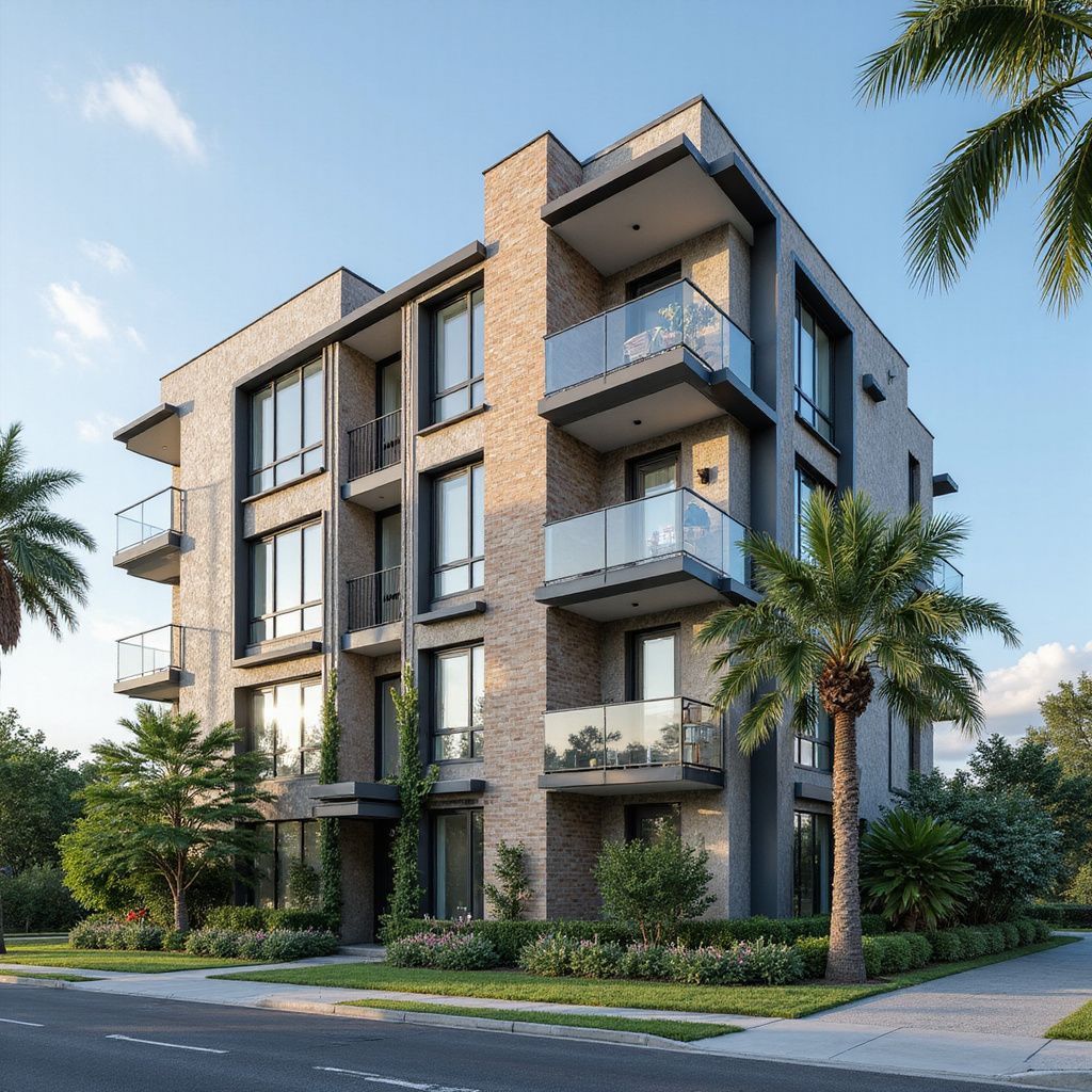 Prédio de apartamentos moderno, fachada de tijolos, varandas com guarda-corpos de vidro, palmeiras, céu azul.