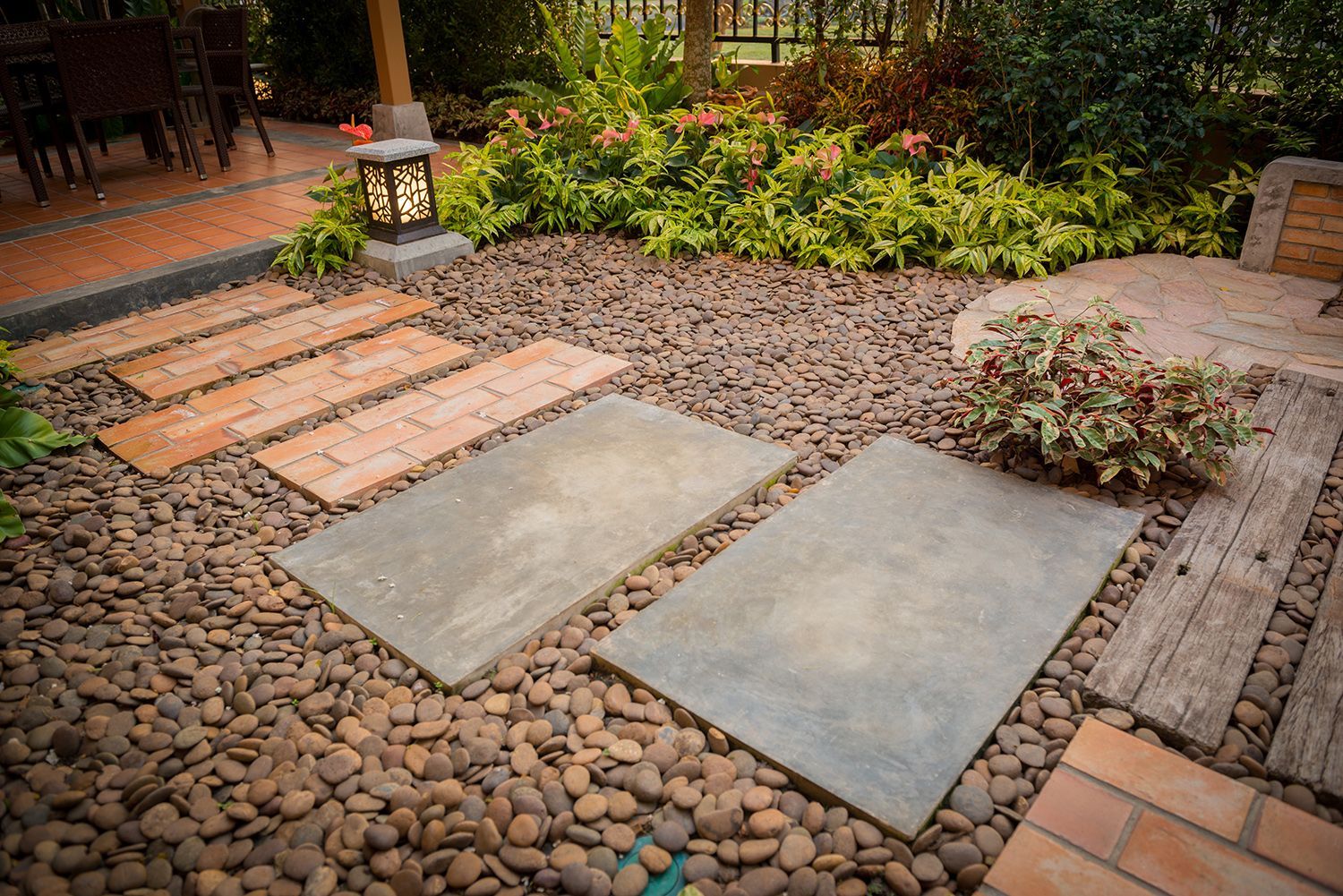 A garden with river rock gravel.