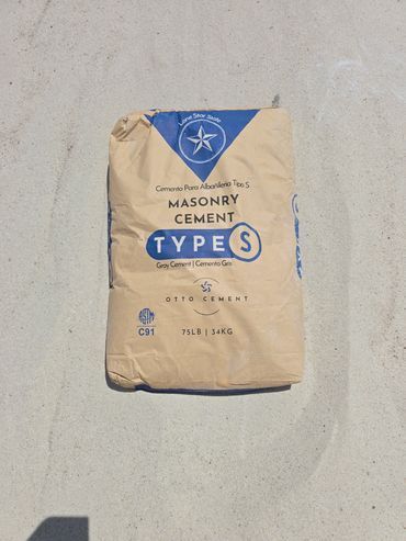 Bag of Type S masonry cement on a light-colored surface.