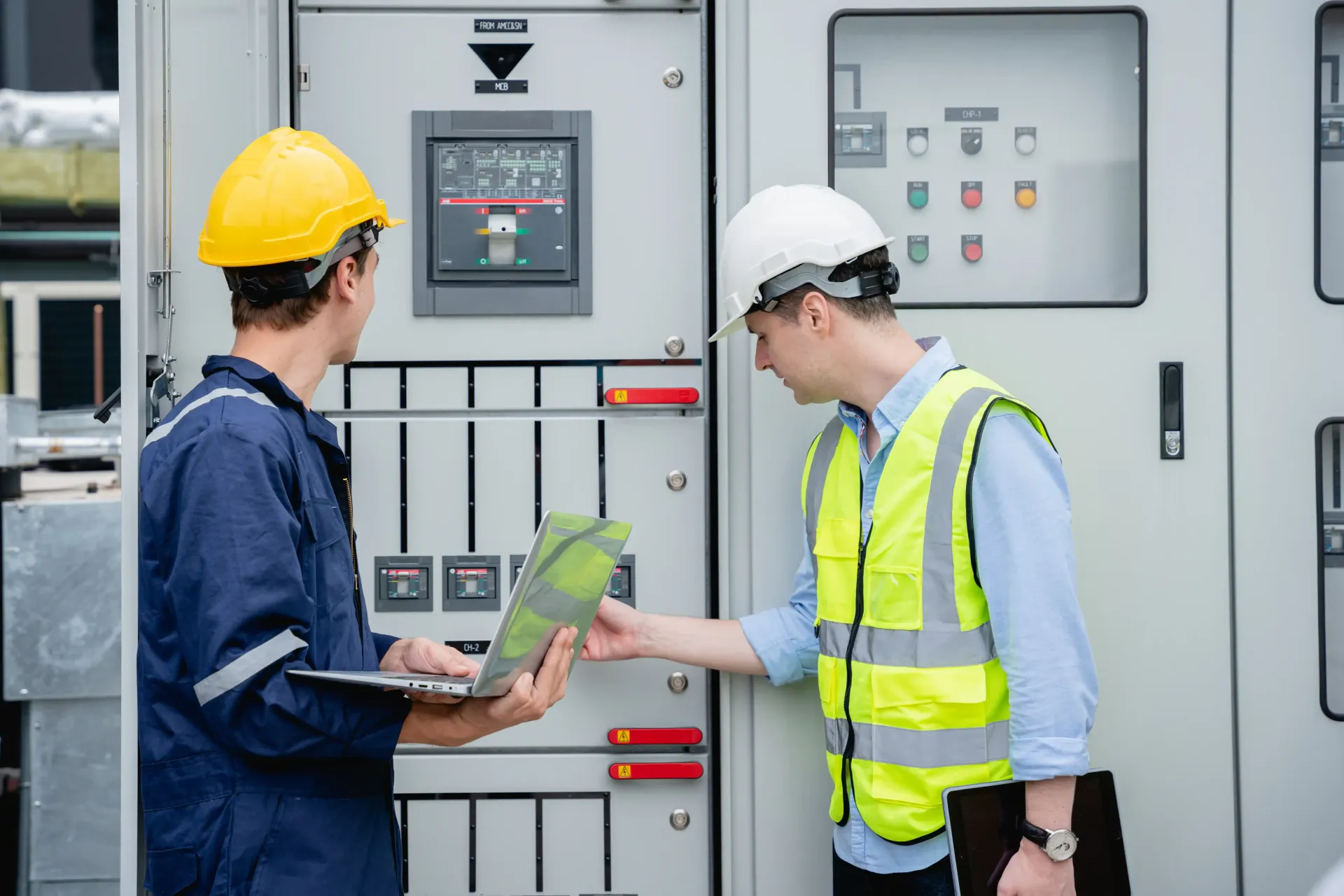 Electricians from BemossTX working on a commercial job in Texas.