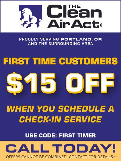 An advertisement for the clean air act that says first time customers get $ 15 off