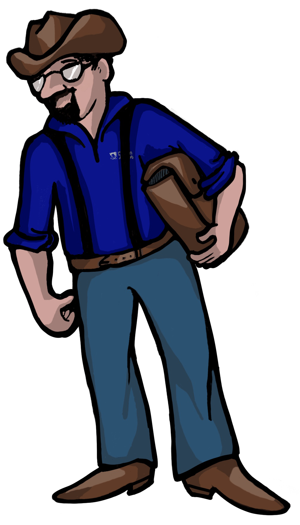 A cartoon of a man wearing a cowboy hat and suspenders.
