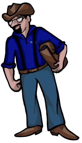 A cartoon of a man wearing a cowboy hat and suspenders.