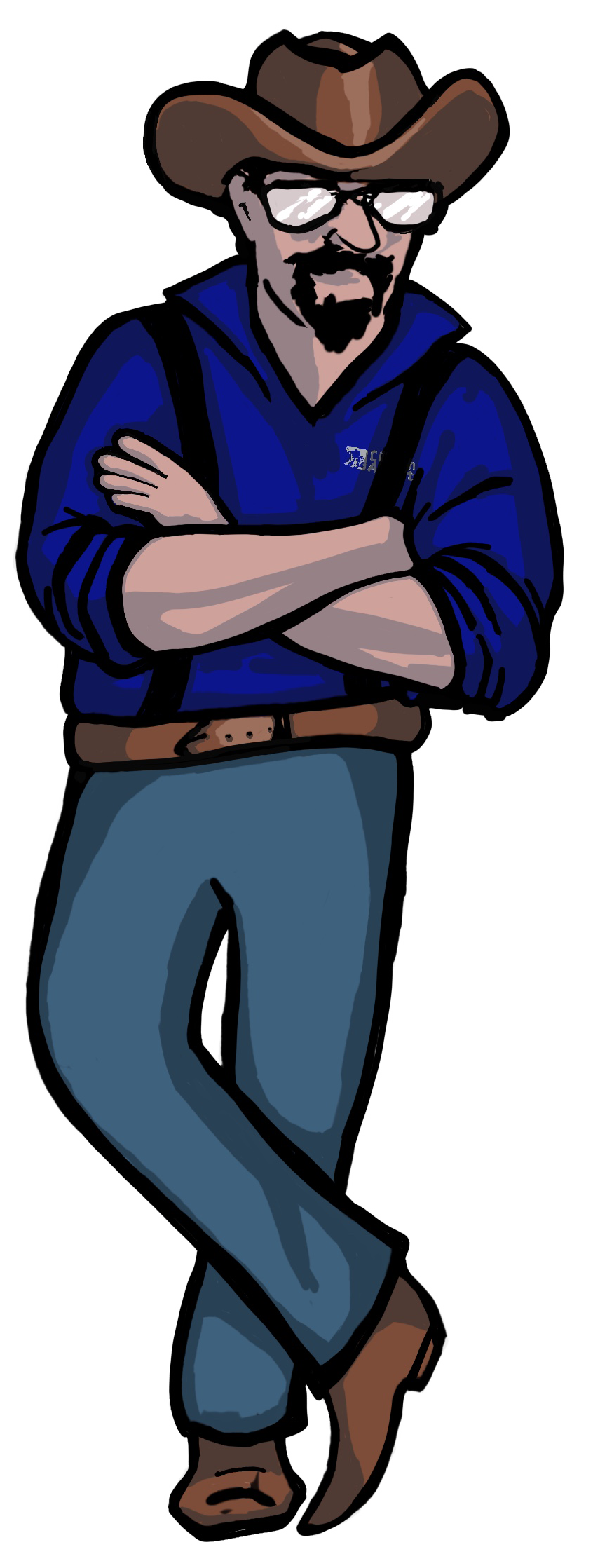 A cartoon of a man wearing a cowboy hat and suspenders.