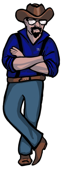 A cartoon of a man wearing a cowboy hat and suspenders.