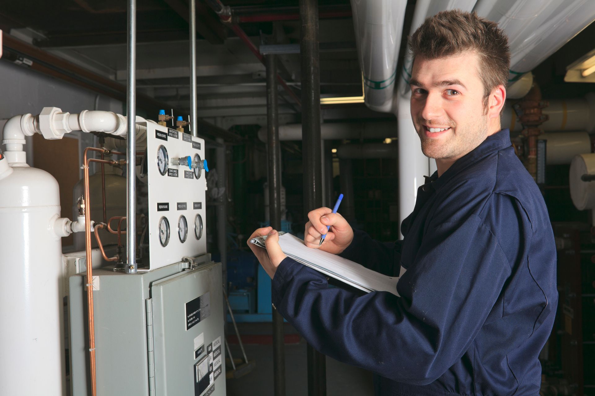 Clear Air technician performing a fall furnace tune-up and filter change in a Washington home.