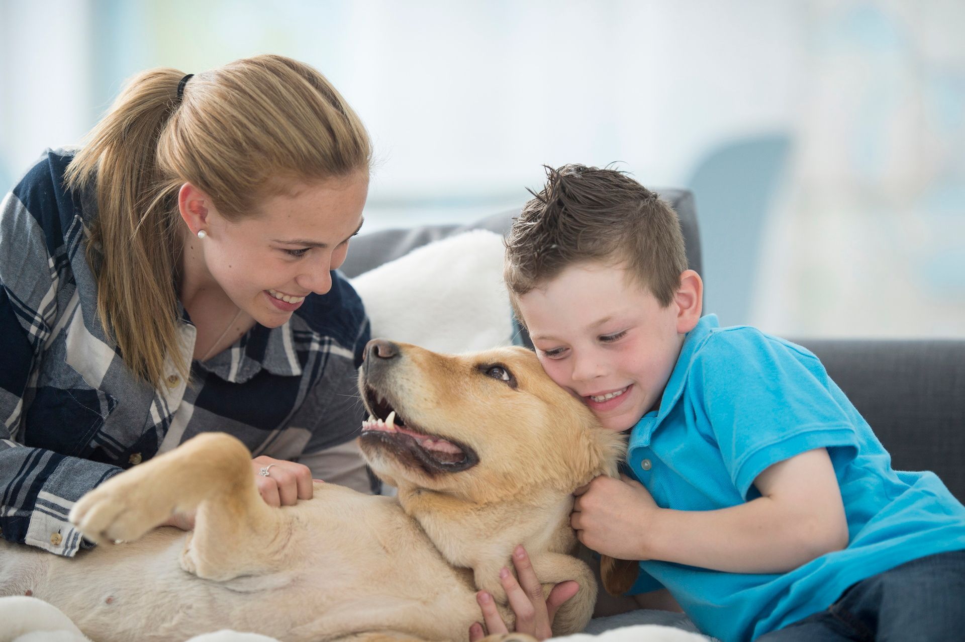 A woman and a boy are playing with a dog on a couch.